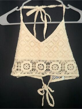 Free People Cream Crochet Halter Tie-Back Crop Top